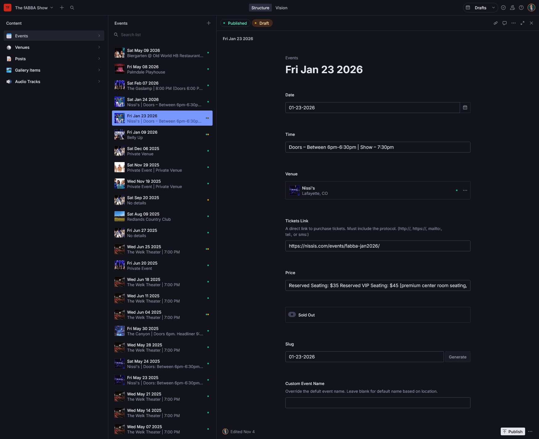 Sanity Dashboard for Rich Text Editing and Event Management